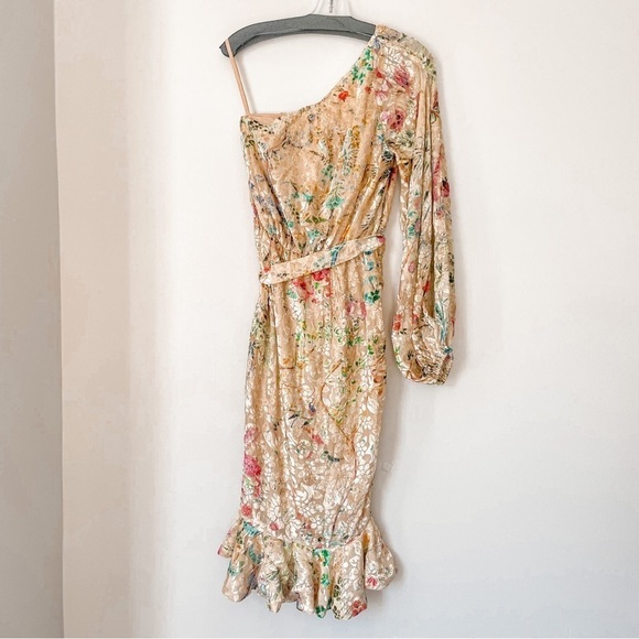 NWT HEMANT AND NANDITA Veena Midi Dress in Nude Floral Ruffle Velvet Sz Small - Picture 7 of 11